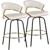 Jie 26" Swivel Counter Stool in Gold & White Leatherette & Black Metal Legs (Set of 2)
